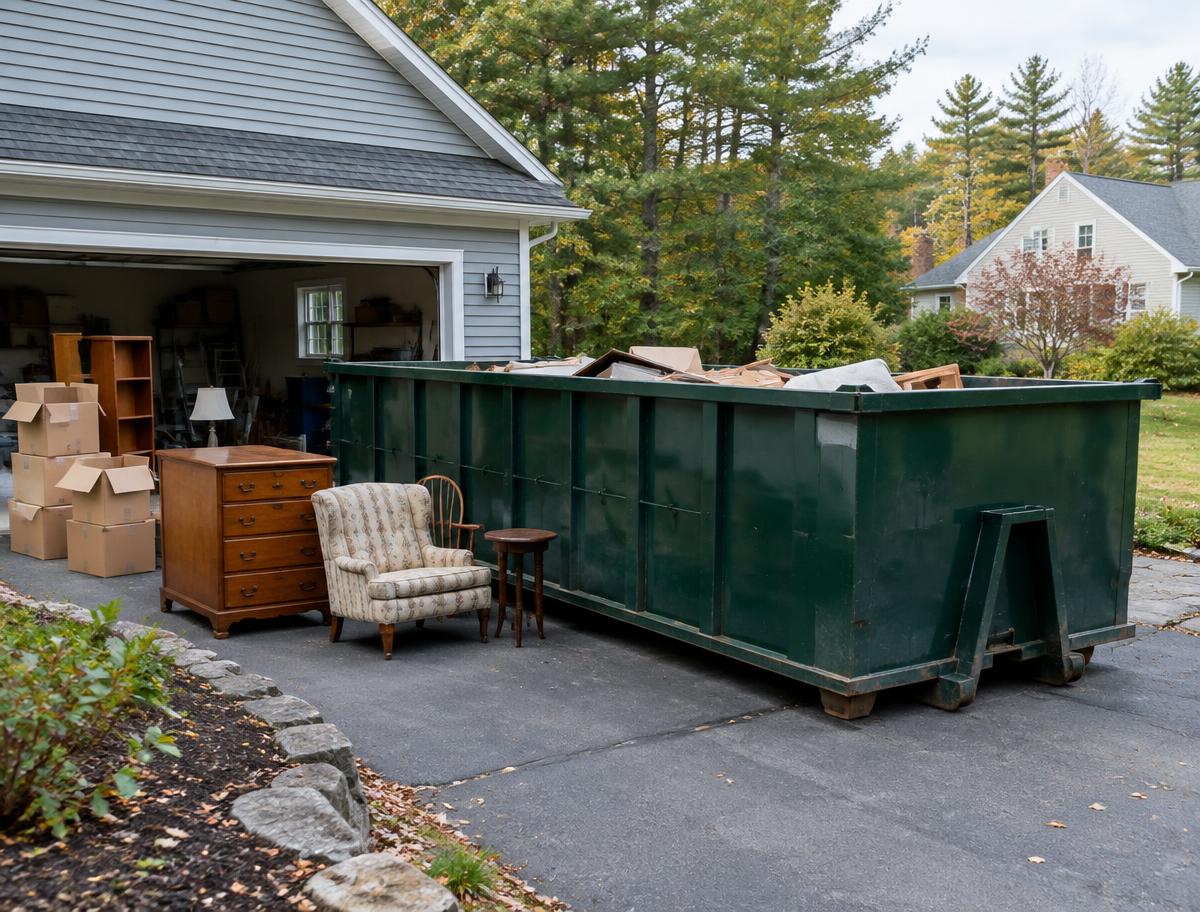 Green dumpster beside a Southern Maine garage cleanout