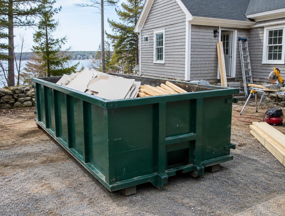 Green dumpster containing remodeling debris beside a Maine home