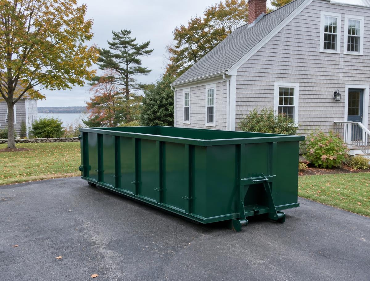 Green dumpster on a residential driveway